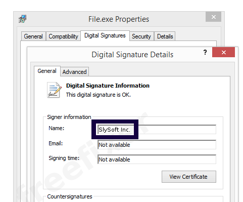 Screenshot of the SlySoft Inc. certificate